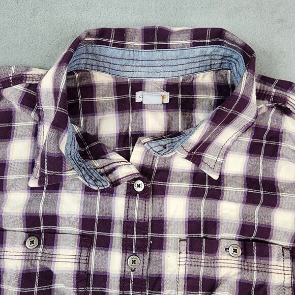 Carharrt Plaid Roll Tab Sleeve Button Up Shirt Womens Large 12-14 Purple - Picture 5 of 8
